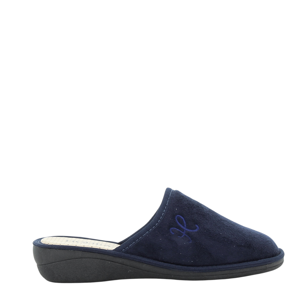 Pantofole Hodea modello Micro da donna in tessuto blu con logo ricamato e zeppa bassa