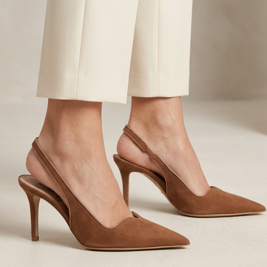 Slingback Tania Cuoio con Scollo a V e Tacco 7,5 cm