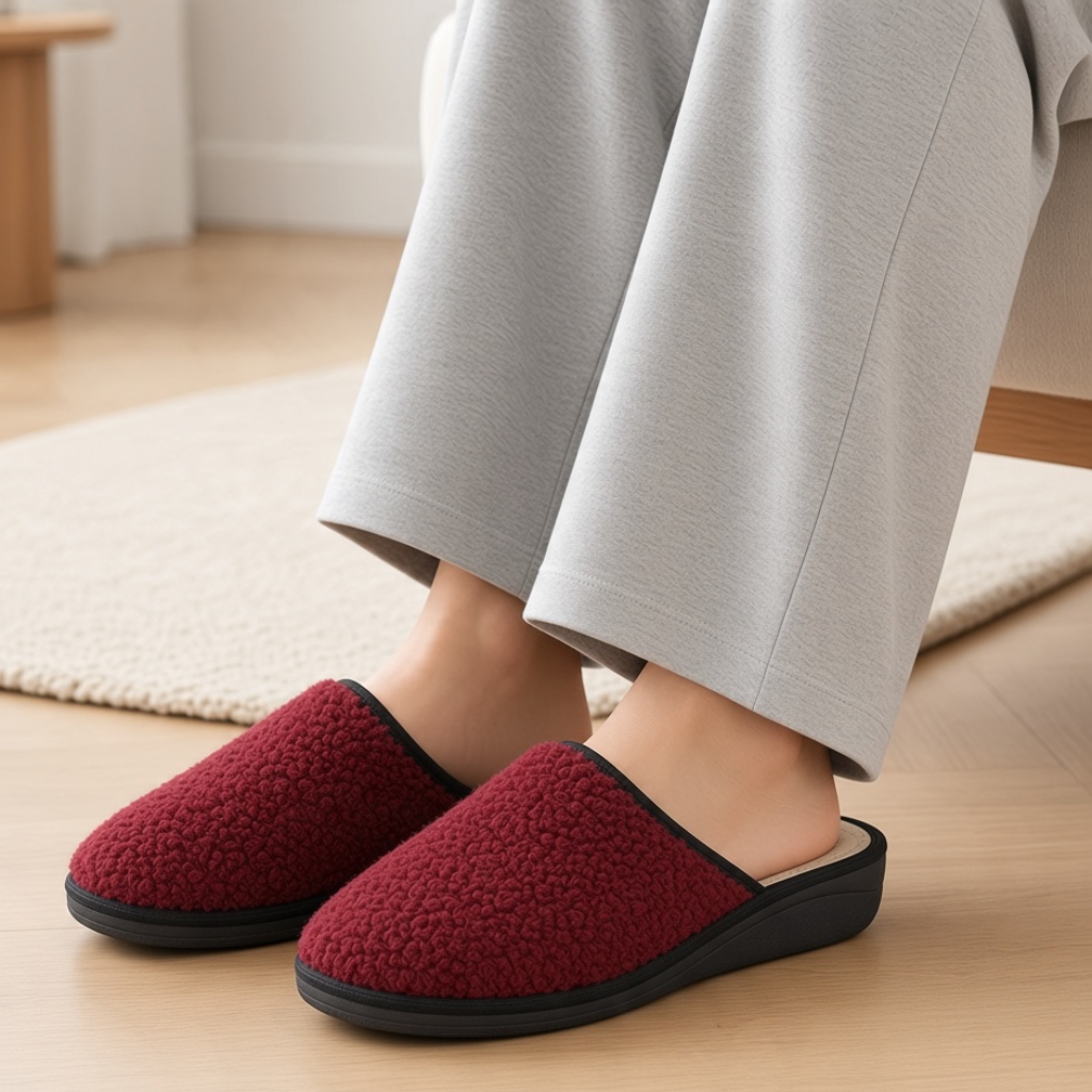 Pantofole Hodea modello Teddy color bordeaux in tessuto effetto lana bouclé con suola nera