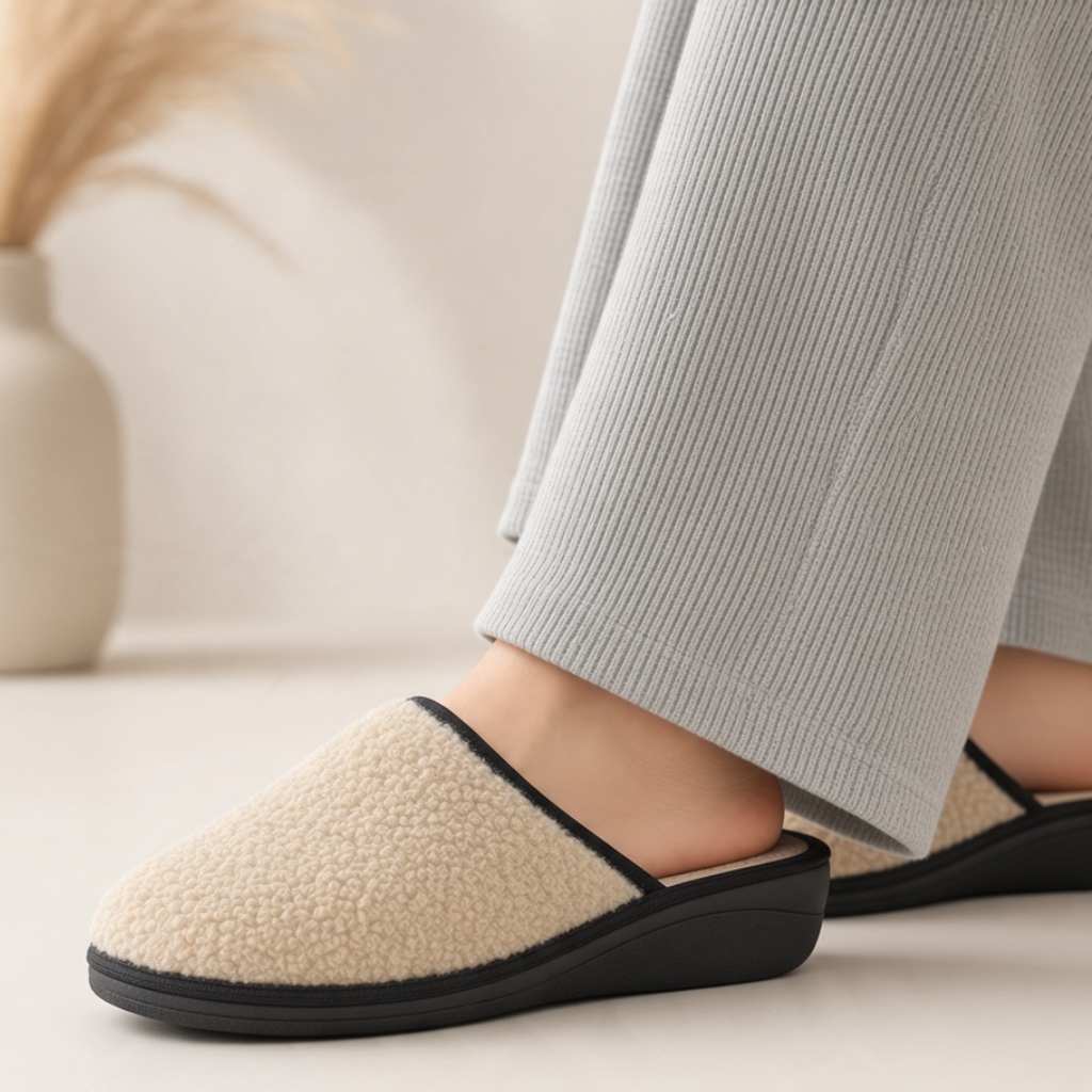 Pantofole Hodea modello Teddy beige in tessuto effetto lana bouclé con suola nera, indossate con pantaloni grigi