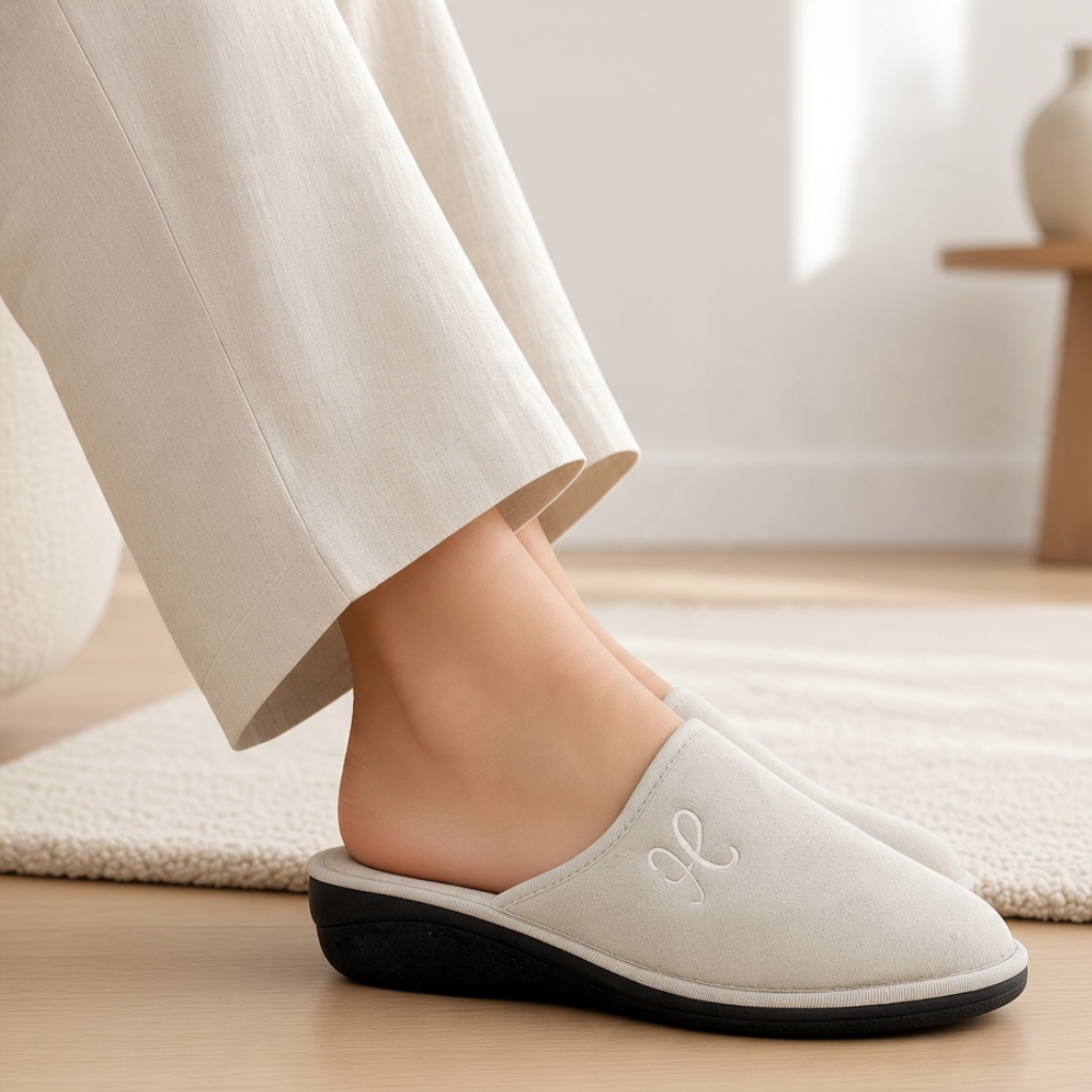 Pantofole Hodea modello MICRO da donna color beige con zeppa nera indossate in un ambiente domestico luminoso