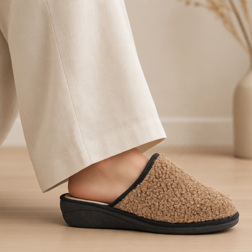 Pantofole Hodea modello Teddy da donna in tessuto effetto orsetto color mocha con suola nera