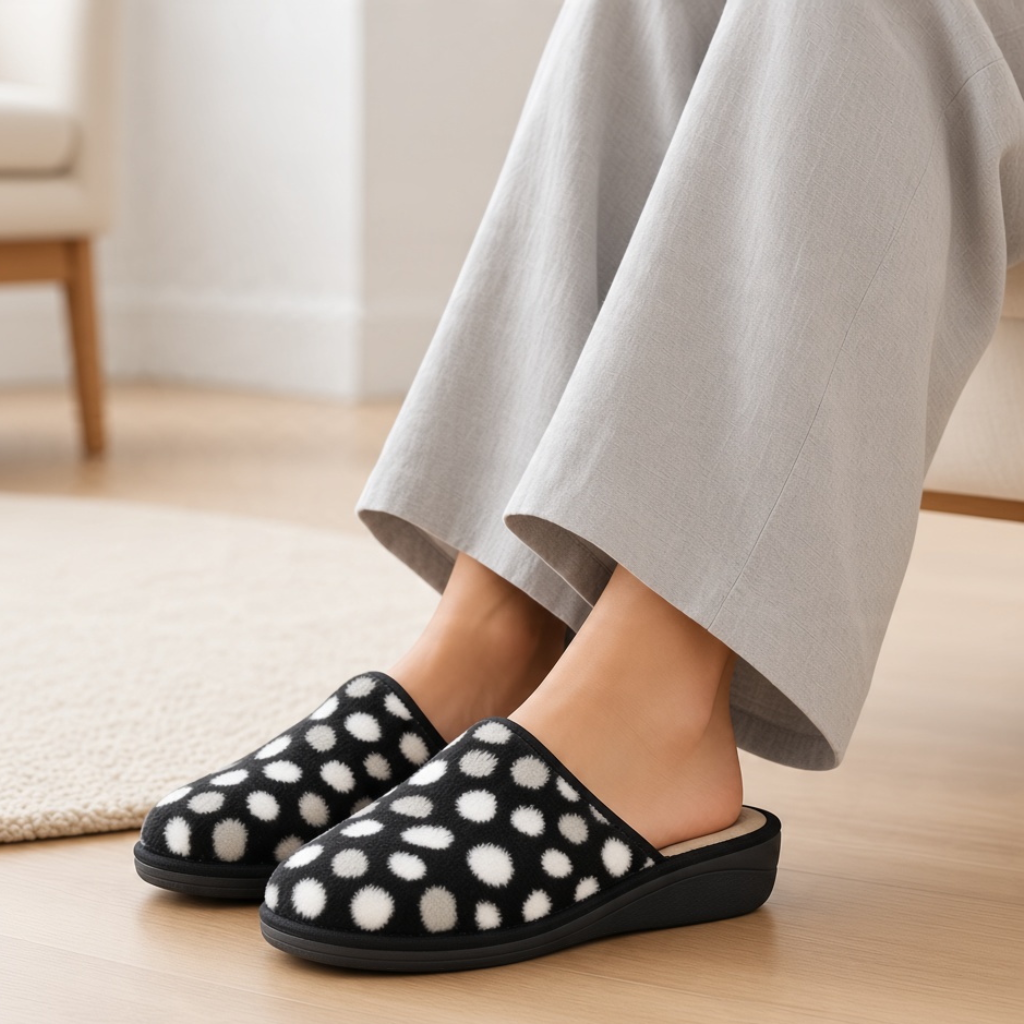 Pantofole Hodea modello PELLICCIA da donna con fantasia a pois bianchi su fondo nero, morbide e confortevoli