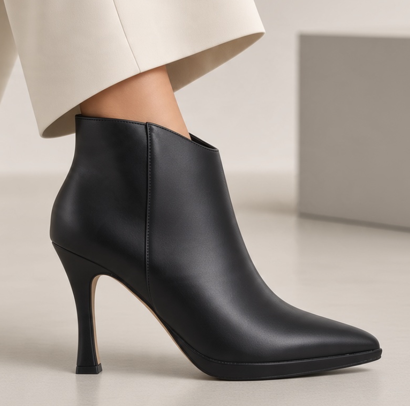 Stivaletti neri Hodea modello Alessia con punta affusolata, tacco 10 cm e plateau, indossati con pantaloni chiari