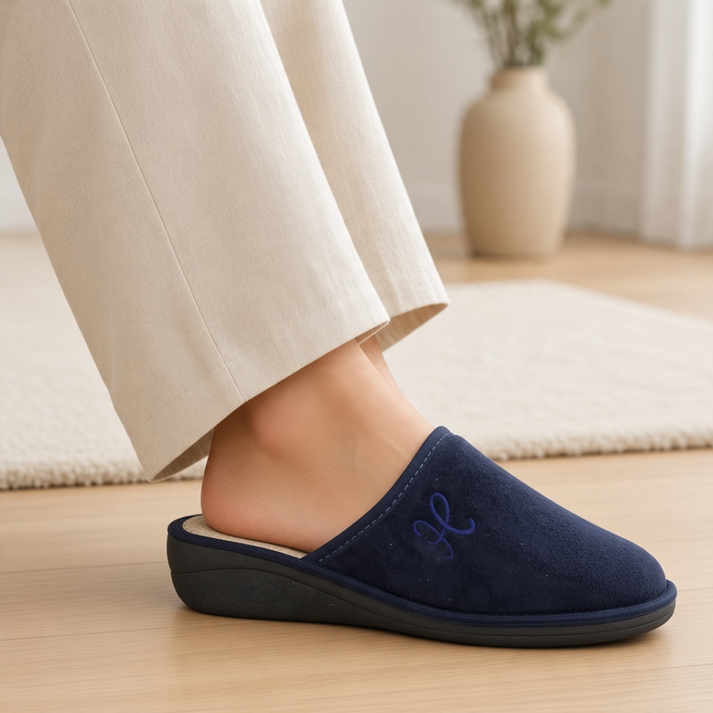 Pantofole Hodea modello Micro da donna in colore blu con logo ricamato, indossate su pavimento in legno chiaro